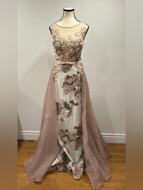 Musani Couture Ivory Pink Floral Embroidered Evening Gown Size 42 / US 8